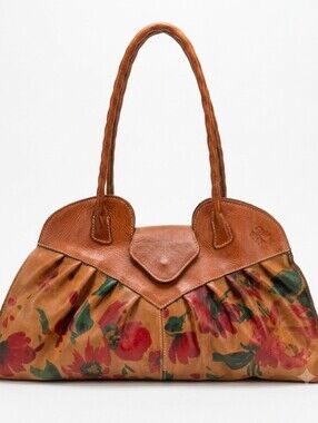 Patricia Nash 100% Italian Leather Large Tan Floral Shoulder Bag